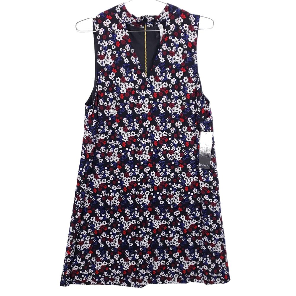 Kensie Shift Dress Womens Large Red White Blue Floral Sleeveless V Neck Zip Up